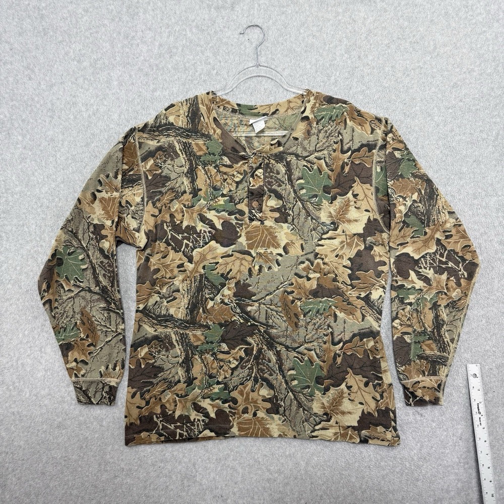 Vintage Camo Shirt Mens XXL Green Henley Duofold Thermal Made USA Hunting 90s